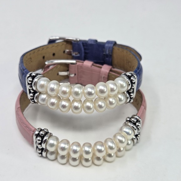 HONORA Set 2 Gen Leather Pearl Sterling Silver 925 Double Row Bracelet Pink Blue - Picture 9 of 11